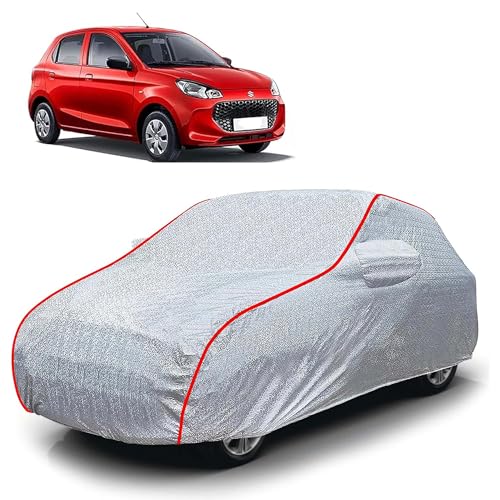 Image of Sulfar 100% Waterproof Car Body Cover Compatible with Mirror for Maruti Suzuki Alto K10 (Triple Stitched, Full Bottom Elastic, Magic Silver with Red Piping)