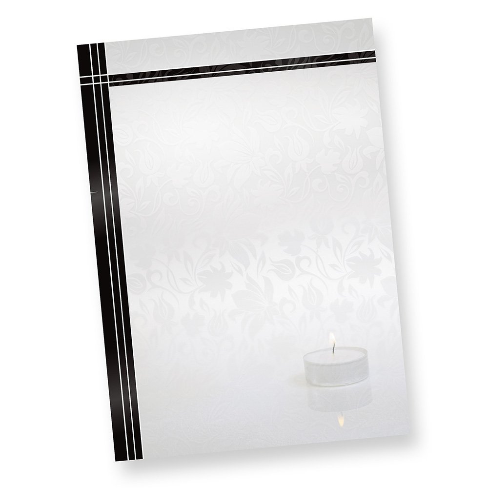 TATMOTIVE Trauer-Briefpapier 250 Sets mit Umschlägen ohne Fenster | DIN A4, 90g/qm, beidseitig bedrucktes Motivpapier, DIN lang, selbstklebend mit Haftstreifen