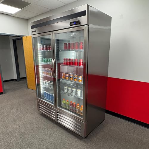 Image of Commercial Stainless Steel Beverage Refrigerator Display Fridge,Two Glass DoorMerchandiser Drink Cooler with LED Light Adjustable Shelves,46 Cu Ft, ETL Sanitation,(Wheels Not Included)