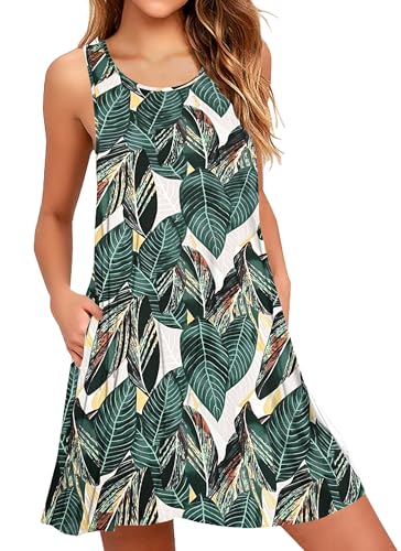 AUSELILY Sommerkleid Damen Rundhals Knielang Freizeitkleider Strand Trägerkleid mit Taschen Blatt-Abdruck 2XL