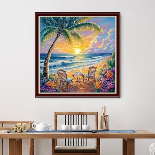 Image of Dimensean Stamped Cross Stitch Kits Full Range of Embroidery Patterns Starter Kits for Beginners Adult DIY Cross Stitches Needlepoint Kits 11CT-Rest at Sunrise by the Seaside 18x18 inch