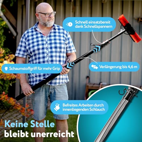 AERST® Teleskop Waschbürste 4,6 m – Profi Reinigungsset mit Teleskopstange, Bürste, Abzieher & Aufbewahrungshaken – Fenster, Solarpanels, Wintergarten & PV-Anlagen – Wasserbesen mit Schlauchanschluss