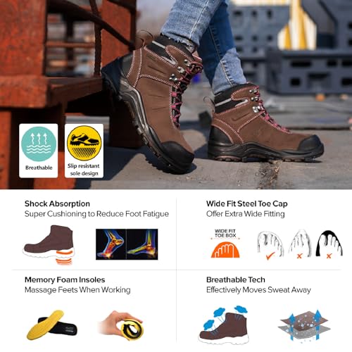 Image of Women's Steel Toe Boots Waterproof Cow Leather Work Fire Safety Boots(Size 9)