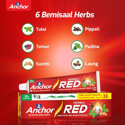 Image of Anchor Herbal Red Ayurvedic Toothpaste 300g (200g+100g) Pack of 2 + Free Toothbrush | 6 Natural Ingredients | Healthy Gums, Plaque Protection & Fresh Breath | 100% Vegetarian