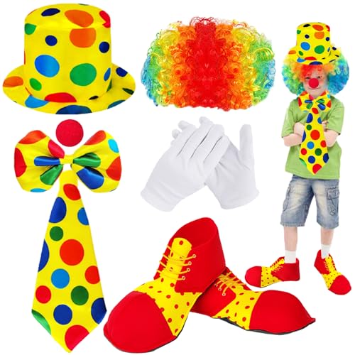 7 PCS Clown Costume Set,Hat Accessories Rainbow Wig Red Nose Bow Tie White Gloves Shoes for Cosplay,Dress-Up Parties,Circus Carnivals Pretend Play,Halloween,Women,Men,Adults