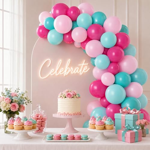 Image of Teal and Pink Balloons, 60PCS Teal Pink Balloon Set, 12 Inch Blue Rose Red White Latex Metallic Confetti Balloons for Baby Shower Birthday Wedding Bridal Shower Hawaii Summer Party Decor