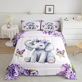 Cute Elephant Kids Comforter Set Full Size,Purple Lavender Flowers Rustic Romantic Bedding Set,Girls Boys Adults Room Decor,Cartoon Wild Animals Down Comforter,Lovely Duvet Insert,2 Pillowcases