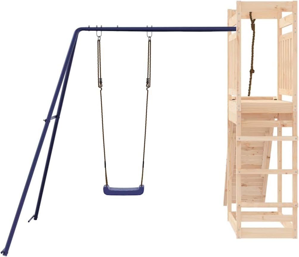 Outdoor Playset Natural Wood Blue Solid Pine Wood Large Durable with Climbing Wall and Single Swing for Kids Ages 3-8 Years Spacious Layout for Up to Three Children