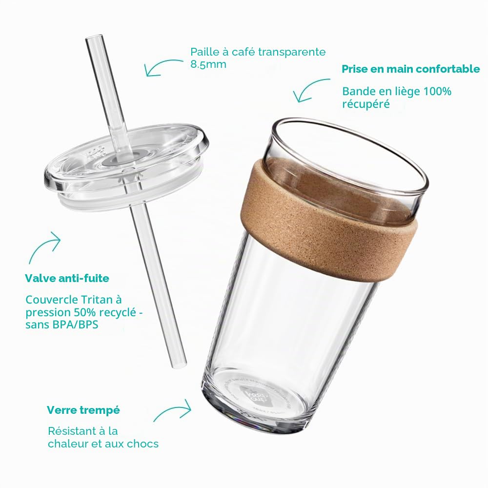 KeepCup Cold Cup – Gobelet à café glacé en verre trempé avec bande en liège récupérée, couvercle et paille – 454 ml