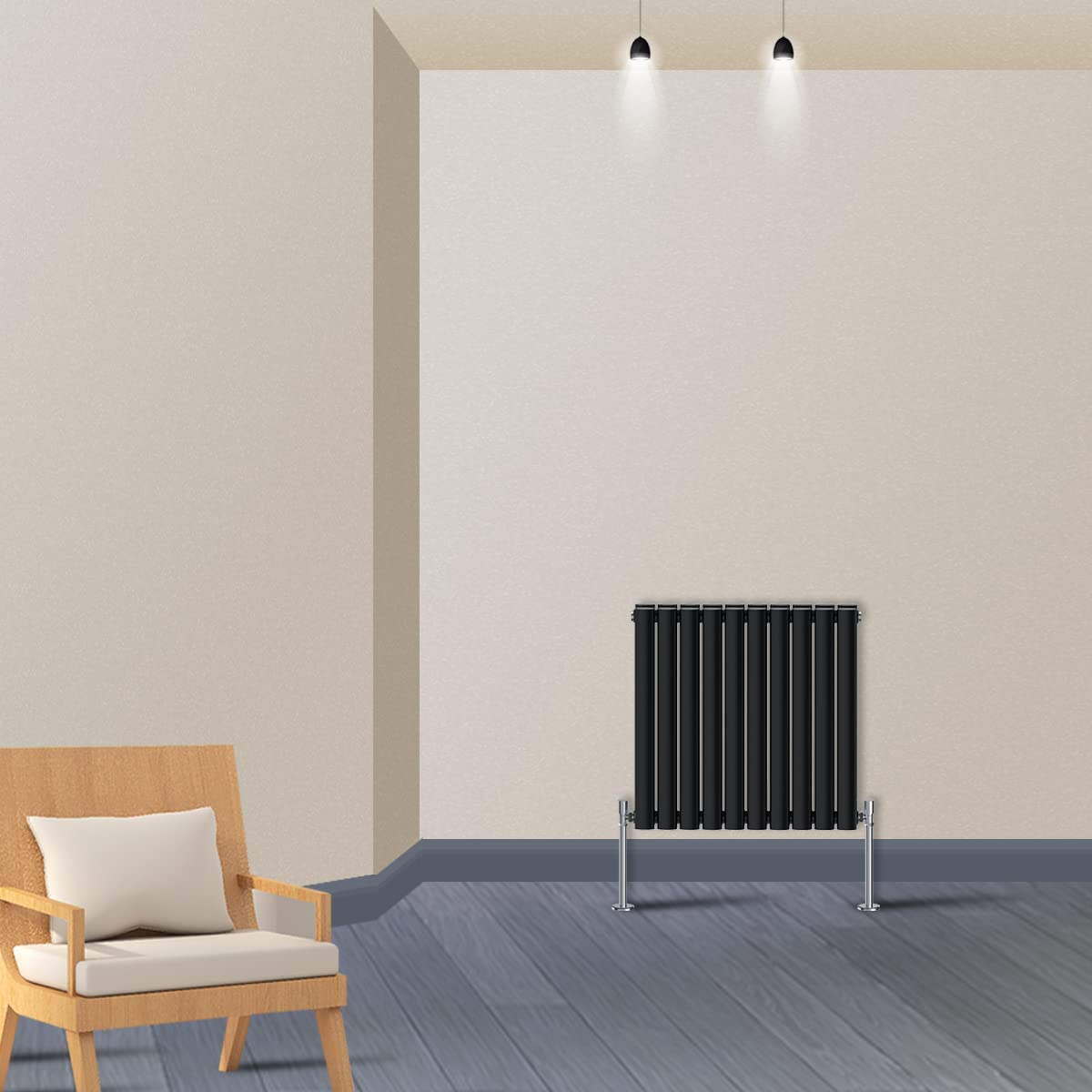 Warmehaus Horizontal Column Designer Radiator Oval Panel Double Black 600x590mm - Modern Central Heating Space Saving Radiators - Perfect for Bathrooms, Kitchen, Hallway, Living Room
