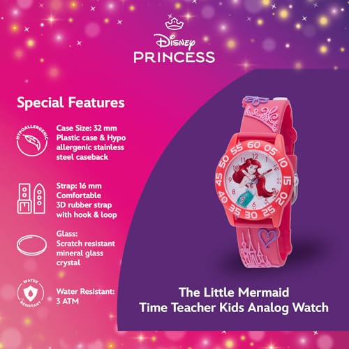 Disney Little Mermaid Ariel Watch for Girls Age 4–7 – Mermaid Watch Featuring Ariel Character Dial – Princess Gift for Kids – Pink Bezel with White Numbers and Pink Silicone Strap4