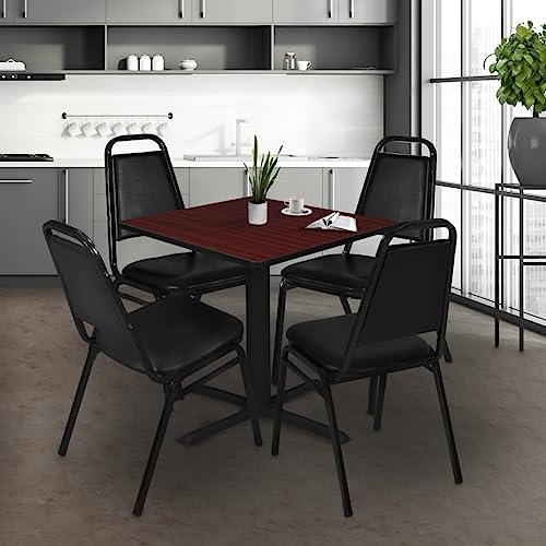 Image of Romig Pillar 36 in. Square X-Base Breakroom Table- Mahogany & 4 Restaurant Stack Chairs- Black