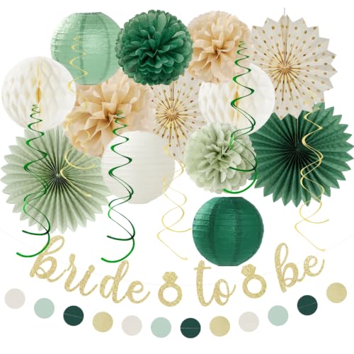 Image of Champagne Sage Green Bachelorette Bridal Shower Party Decorations Huglony | 21pcs Women Bride To Be Paper Streamers Lanterns,Bridal Shower Banner Garland,Flower Tissue Pom Poms Fan Favors Wedding Decor