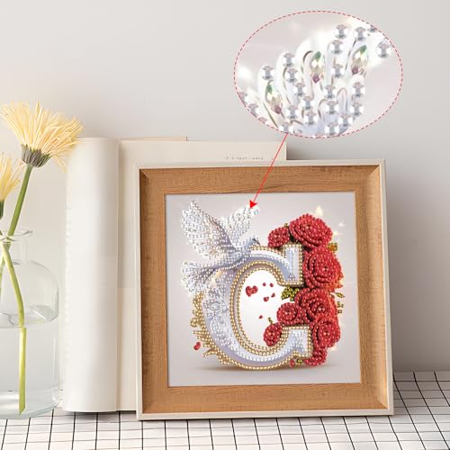 Image of AiYuanzsh 5D DIY Diamond Art Kits for Adults Letter C, Creative Red Rose & Dove Design Special Shape Diamond Painting, Luxury Alphabet Diamond Art for Home Wall Decor 17x17cm