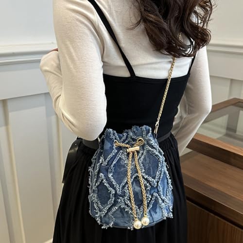 Image of Denim Bucket Bag, Denim Purses for Women, Drawstring Jean Crossbody Shoulder Purse Hobo Bag, for Commuting, Shopping, Dating