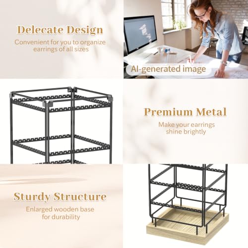 Image of MODOWEY 4 Tier Rotating Earring Holder Organizer Metal Wooden Display Stand Tree for Women, 224 Holes and Grooves Large Storage Rack, Stable Square Tower for Stud Pierced Dangle Hoop, Light Oak