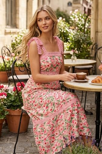 Image of Opemiby Womens Maxi Dress Spring Summer Sleeveless Lace Strap Empire Waist A Line Side Pockets Beach Casual Long Dresses