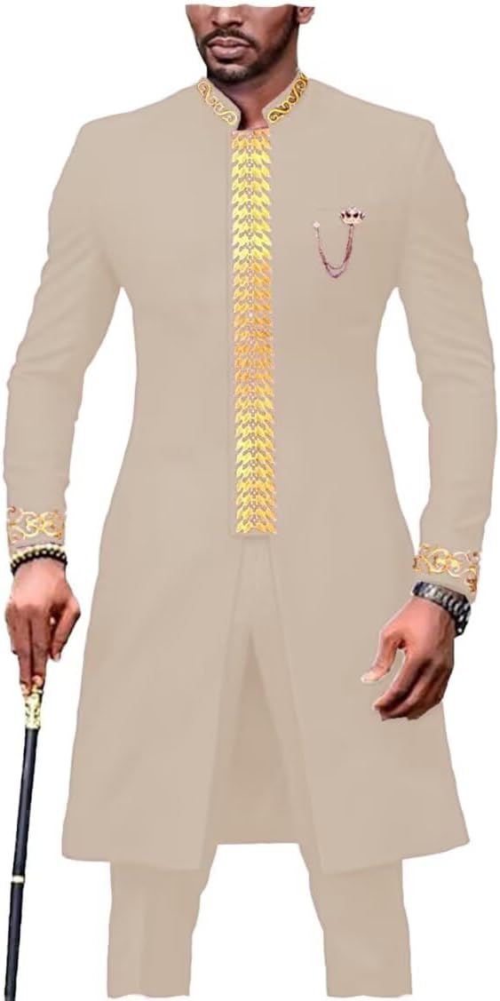 Men's Suit African Outfit 2 Piece Slim Fit Embroidery Ankara Blazer Formal Set Dashiki Clothing for Wedding Prom