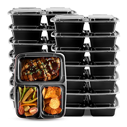 Image of 3 Compartment Portion Control Lunch Box and Food Storage Container Set , Pack of 14 , Black