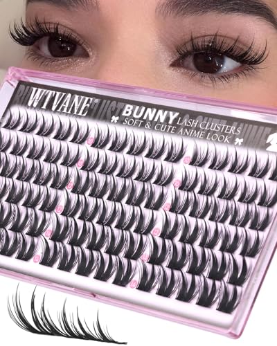 Wtvane Bunny Lash Clusters Manga Eyelash Clusters 10-12-14mm Anime Cluster Eyelash Extensions Wispy Lashes Clusters with Spikes Wet Look Fairy C Curl Individual Lash Extensions for Cute Bunny Look