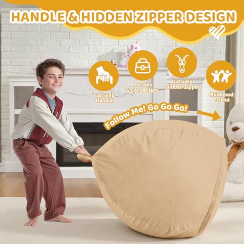 2FT Bean Bag Chair, Comfy Bean Bag Chairs with Memory Foam Filled, Fluffy Beanbag Sofa with Dutch Velvet Cover, Teardrop BeanBag Chairs for Living Room, Playroom - Khaki
