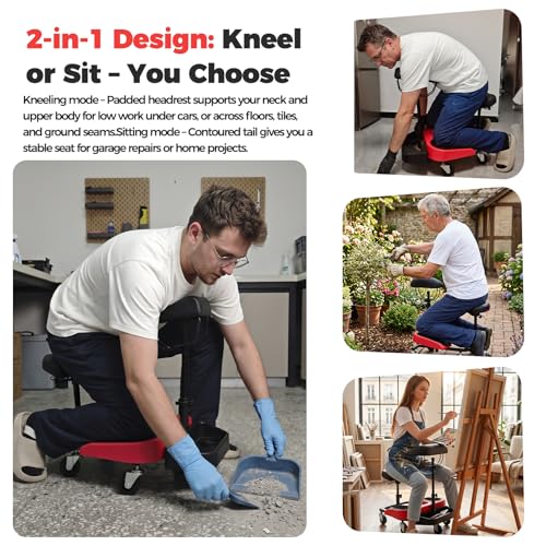Image of Heavy-Duty Kneeling /Sitting Creeper with Adjustable Seat & Tool Tray - 300lb Capacity Rolling Knee Work Seat for Auto Repair, Flooring, Landscaping & DIY - Padded Knee Support & Smooth Casters