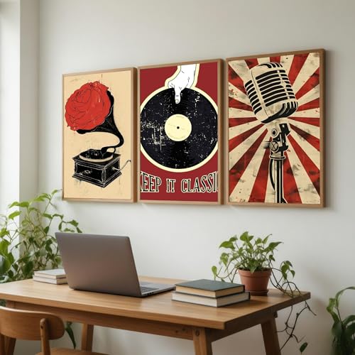 Image of DAKSHESTRY ARTWORKS Retro Music Wall Art Set of 3 with Frames | Minimalist Posters | Modern Aesthetic Music Decor for Bedroom, Living Room, Studio | Wooden Frame Ready to Hang