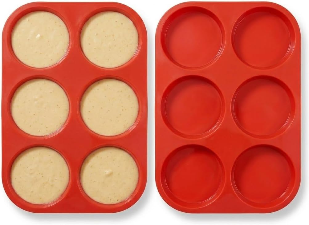 6-Cup Large Silicone Whoopie Pie Pan - 1.25" Deep Non-Stick Muffin Top Pan for Eggs, Pancakes & Buns - Oven Safe Red Baking Tray, Set of 2