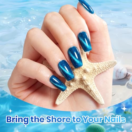 Image of Beetles Blue Gel Nail Polish Set - Sunken Blue 6 Color Sky Navy Cobalt Cat Eye Gel Polish, Summer Shimmer Manicure Soak Off UV Nail Art Salon DIY at Home Gift for Women