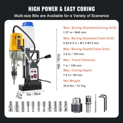 VEVOR Magnetic Drill, 1100W 1.57" Boring Diameter, 2697lbf/12000N Portable Electric Mag Drill Press with 12 Drilling Bits, 580 RPM Max Speed Drilling Machine for any Surface and Home Improvement by VEVOR - Image 7