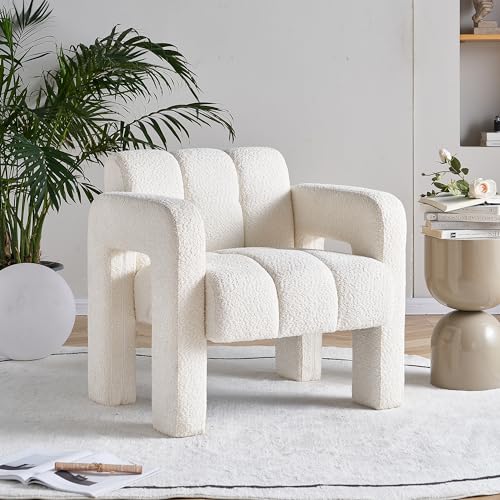 Yoglad Modern Accent Chair, Bouclé Fabric Upholstered Armchair, Comfy Single Chair for Living Room Lounge Bedroom Office-Beige