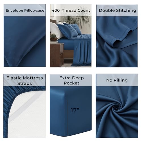 Image of | Split King Size Sheet Set | 2 Fitted Sheets for Sleep Number & Adjustable Beds | Organically Grown | Ultra Soft & Cooling |100% Viscose | 17 inch Deep Pocket [Midnight Blue]