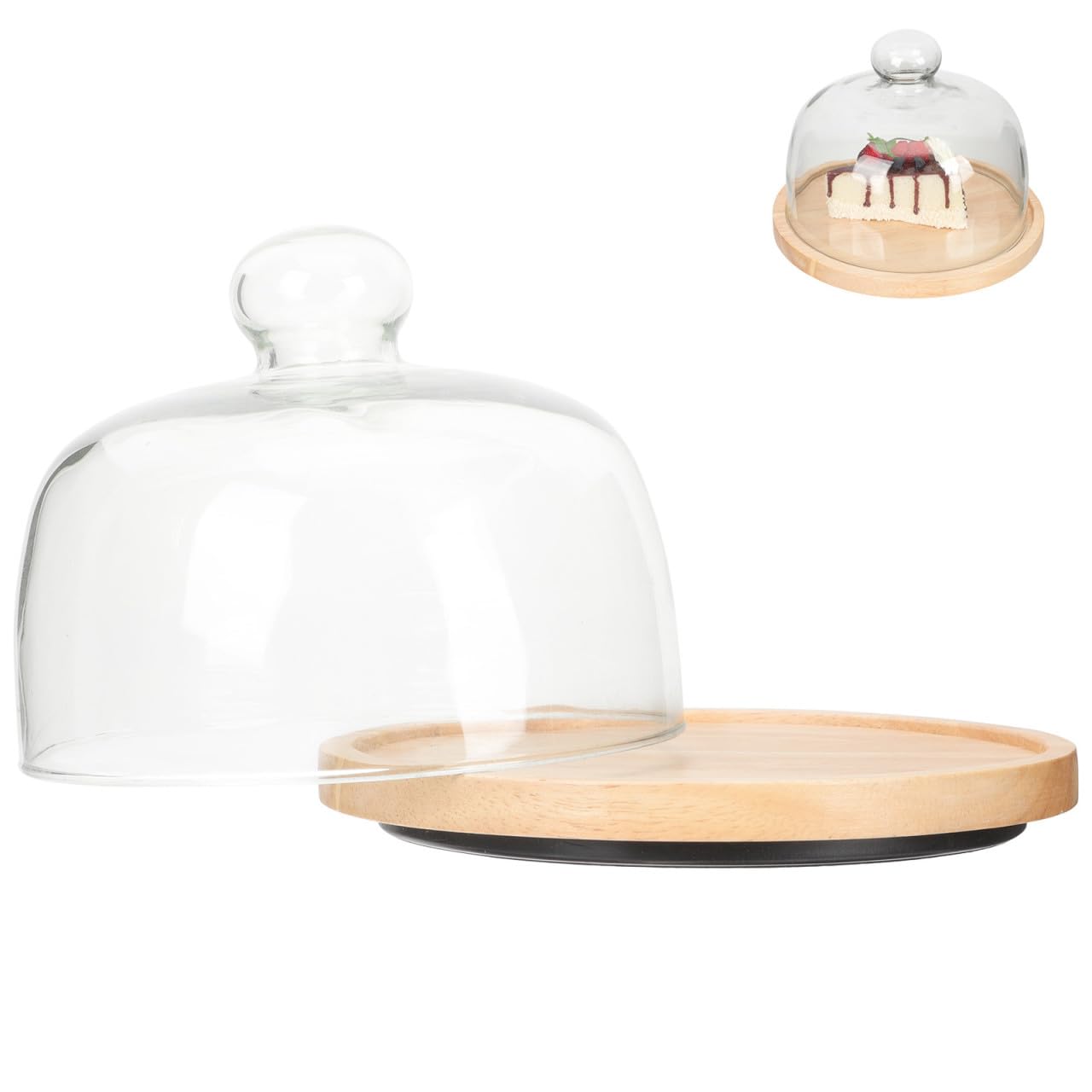 SOLUSTRE Plateau à Gâteau en Bois et Verre Couvercle, Assiette de Présentation de Fête, Plateau Tournant pour Pâtisserie, pour Fêtes et Mariages
