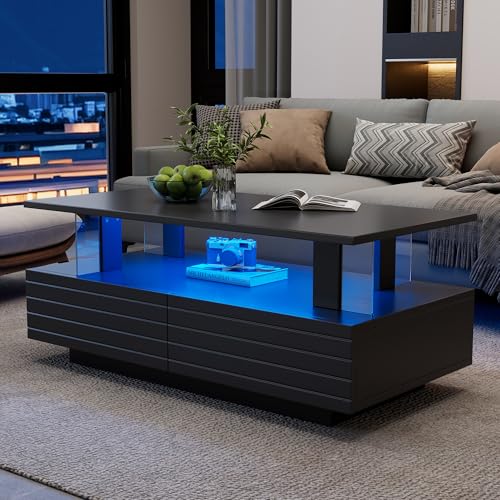 Mesa de centro LED moderna negra multifuncional con dos niveles de salon 8