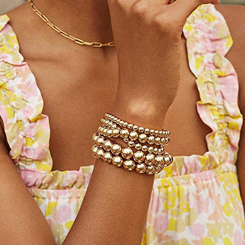 Gold Beaded Bracelet for Women 14 K Gold Plated Ball Beads Bracelet Stack Stretch String Friendship Bracelet Mens Classic Bold Gold Color Brass Beads Bracelet Set for Girls2