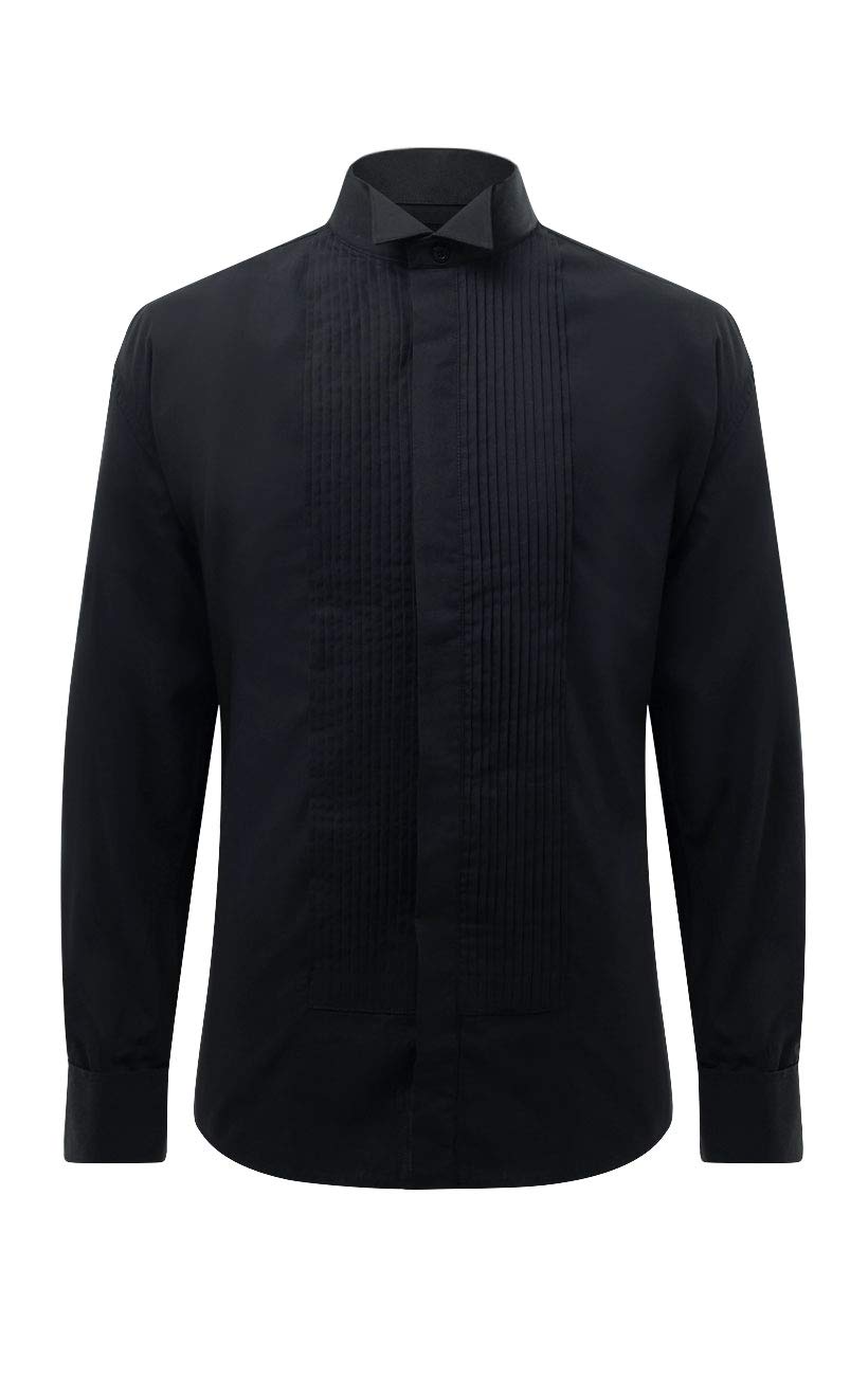 Mens Black Dress Shirt Regular Fit Wing Collar Pleated Fly Front Double Cuff