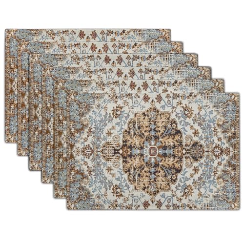 Image of Ethnic Boho Placemats Set of 6 Bohemian Carpet Vintage Black Teal Grey Floral Linen Washable Kitchen Dining Table Mats Stain Heat-Resistant Desktop Decor Place Mats for Home Party Indoor 12x18 in