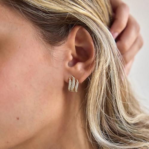 Image of Obidos 14K Gold Plated Illusion Stud Earrings for Women | Triple Huggie Hoop Earrings for One Hole| Trendy Simple Hypoallergenic Fashion Accessories Gold Jewelry Gifts for Womens