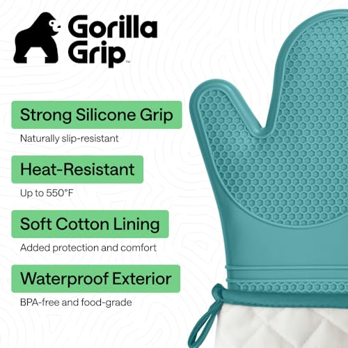 Image of GORILLA GRIP BPA-Free Soft Silicone Oven Mitts, 14.5x8.3, Heat Resistant and Waterproof Cooking Gloves, Thick Cotton Lining, Flexible Gripping for Baking Grilling, Kitchen Potholders Set, Turquoise