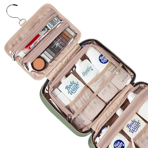 Image of NISHEL Large Double Layer Travel Makeup Bag Women, Cosmetic Case, Organizer for Travel-Size Accessories Bottles, Brushes, Conditioner, and Skin Care Products, Bronze Green
