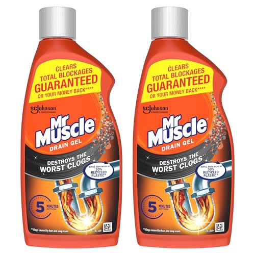 Mr Muscle Drain Unblocker, Sink & Drain Cleaner, Fast Acting Heavy Duty Drain Gel, Dissolves Clogs, Works 3x Better Than Bleach, Safe for All Pipes, Duo Pack (2 x 500ml)