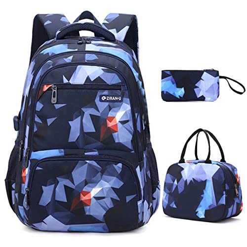 Lamografy 3Pcs Geometric Prints Boys Backpack Primary And Middle School Students Schoolbag Set Youth Travel Bag With Lunch Bag #TOP7