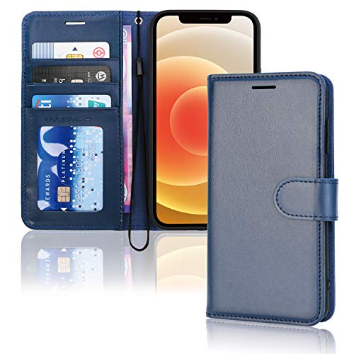 TECHGEAR iPhone 12 / iPhone 12 Pro Leather Wallet Case, Flip Protective Case Cover with Wallet Card Holder, Stand and Wrist Strap - Blue PU Leather with Magnetic Closure for iPhone 12/12 Pro 6.1