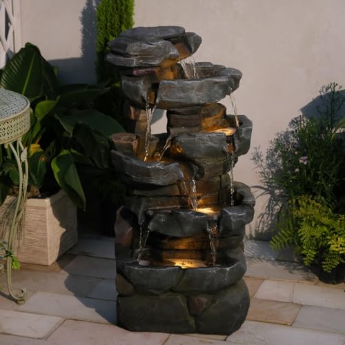 Image of Sunlinua 42 inch H Outdoor Water Fountain with 5 Tiers Large Cascading Realistic Tree Trunk Waterfall Fountains with LED Lights Outdoor Water Fountain for Garden Patio Backyard Porch Home Decor