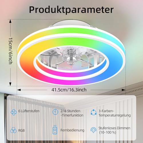 Ateroll Deckenventilator mit Beleuchtung Ø41.5CM, Deckenventilator mit Licht Dimmbar (3000K-4000K-6500K-RGB), 6 Geschwindigkeiten mit Fernbedienung, Timer, Lichtspeicher, geeignet für Schlafzimmer 2