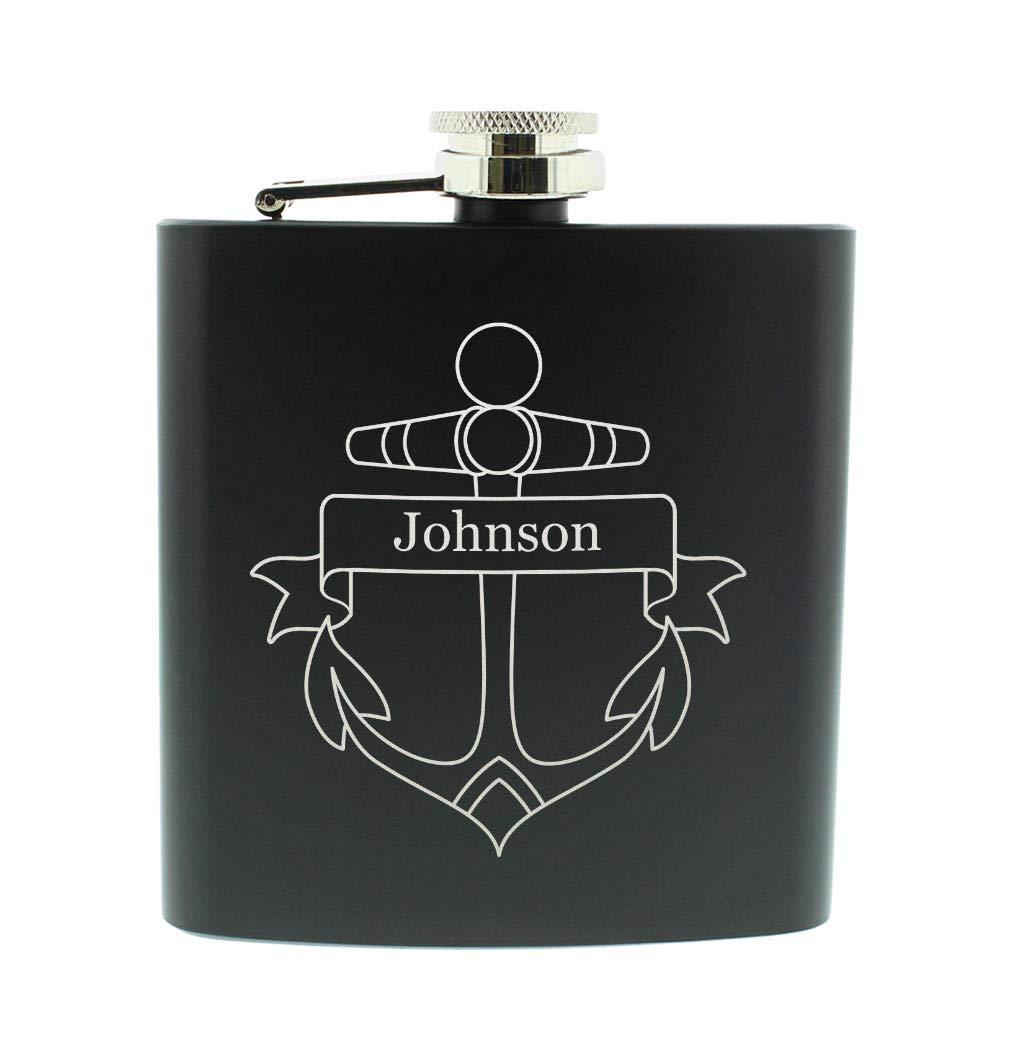 Custom Flask Nautical Boat Anchor Engraved Name Gifts Personalized 6oz Stainless Steel Hip Flask Black