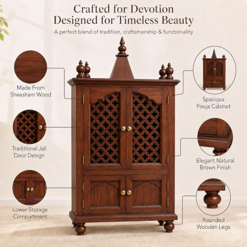 Image of Varsha Furniture Sheesham Wood Temple for Home with Doors and Storage Cabinet s | Home Puja Mandir
