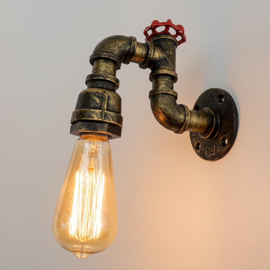 DC VOLTAGE Industrial Steampunk Water Pipe Wall Light Vintage Brushed Brass E27 Wall Sconce 17cm Metal Valve Tap Lamp for Living Room, Kitchen, Bar, Café Décor