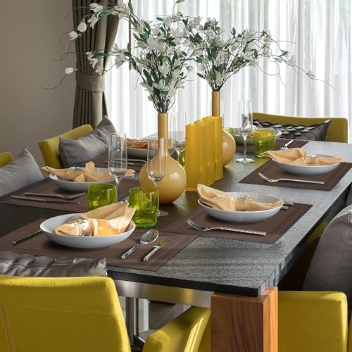 Image of Placemats Set of 6 Dining Table Place Mats | Placemats Table Mat PVC Material | Non-Slip Heat Resistant | Dining Tablemates Washable Anti-Skid | Size 45 x 30cm (Brown)