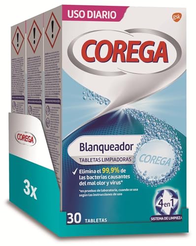 Corega Blanqueador Tabletas Limpiadoras Para Prótesis Dentales, Elimina las Manchas, Pack 3x30...